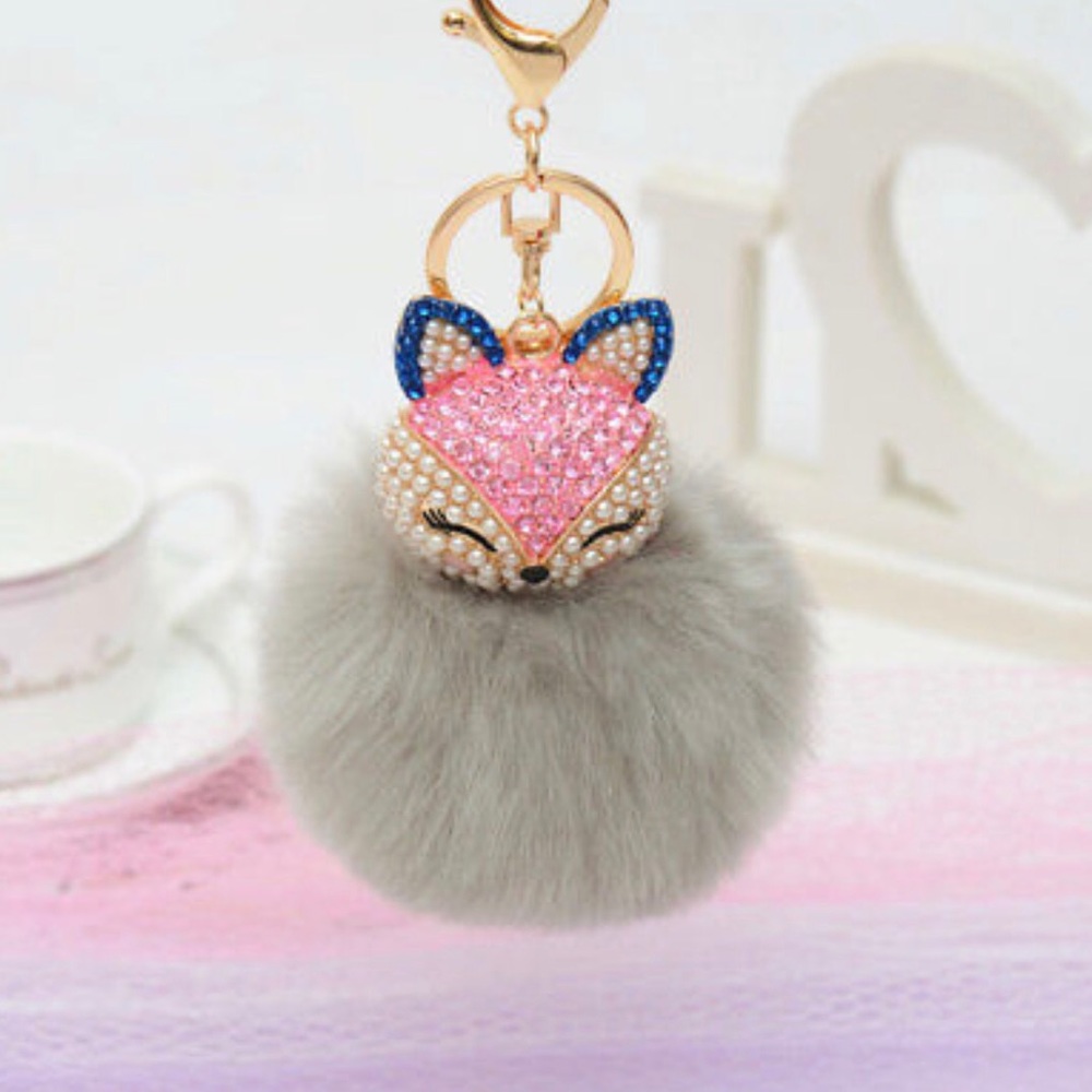 Grey Doll Purse Charm Keychain Faux Fur New